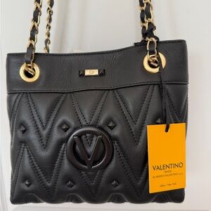 Valentino Black Quilted Leather Shoulder Bag with Gold Hardware